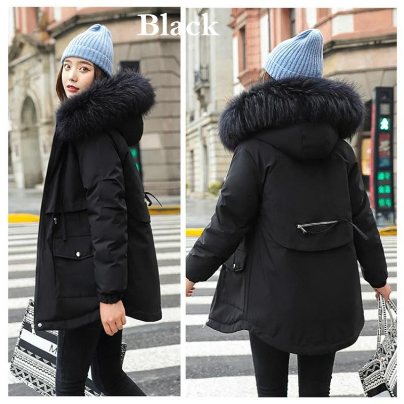 Winter New Women's Plush Cotton Clothes Fashion Hooded Plush Thickened Mid length Parka Casual Women's Zipper Hooded Jacket