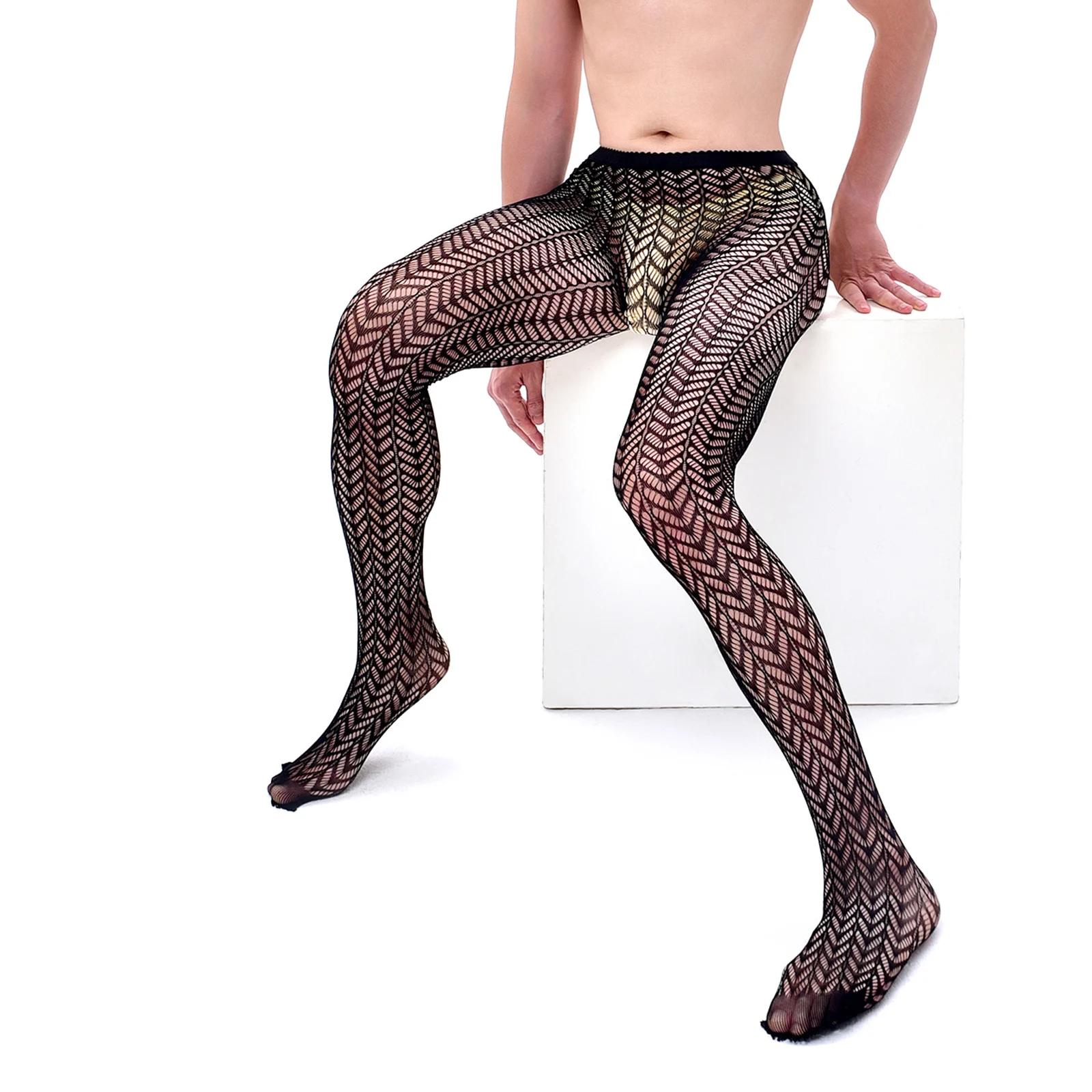 CLEVER-MENMODE Long Stockings Sexy Men Bulge Pouch Fishnet Tight Pantyhose Ultra Thin Fetish Elastic Leggings Club Wear