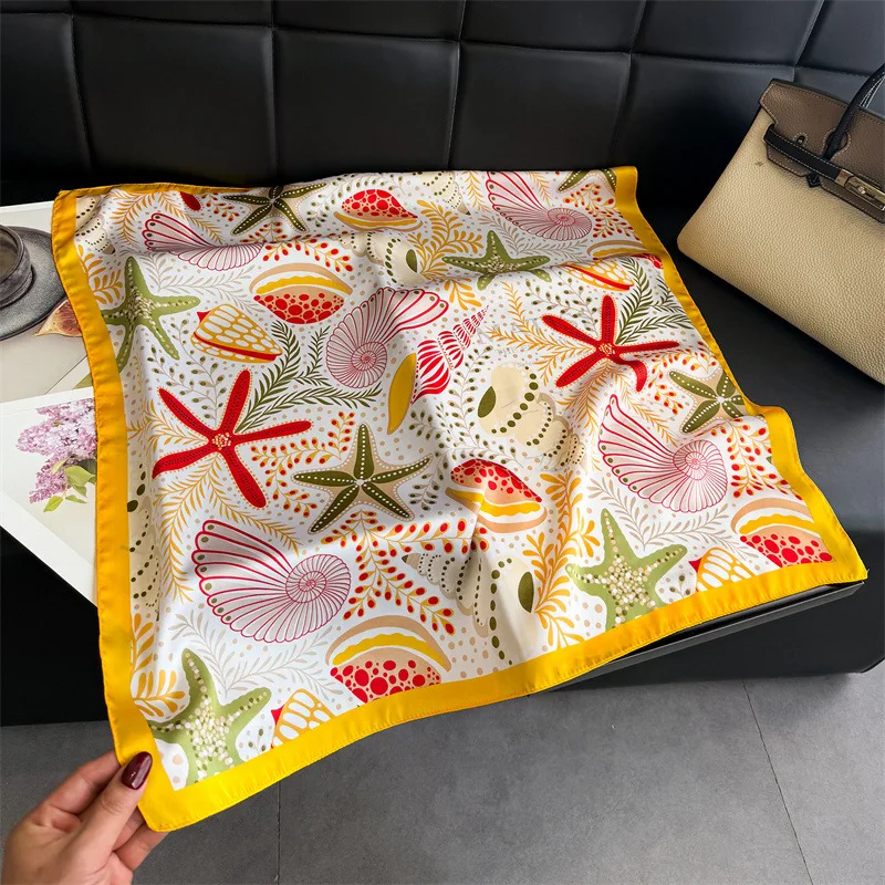 Luxuriöses bedrucktes Seidentuch für Damen – quadratisches Halstuch, Haarband, Strand-Hijab, Kopftuch, Bandana, Foulard, 70 cm – Detail 10
