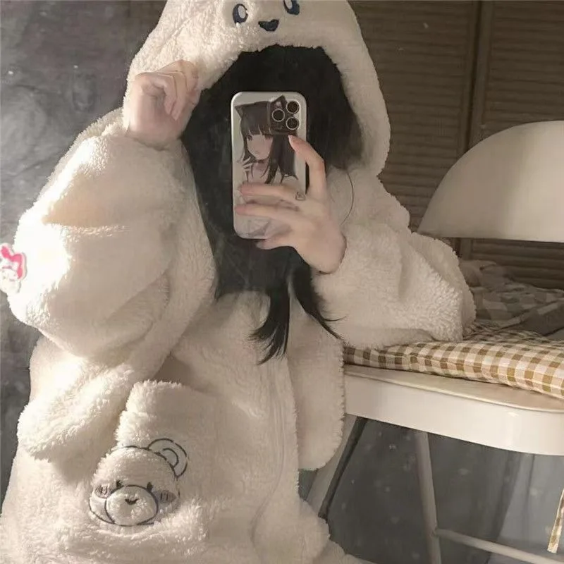 

Sweet Girl Kawaii Bear Jackets Hoodies Outwear Autumn Winter Thick Warm Hoodies Coat Women White Oversized Fleece Outerwear New