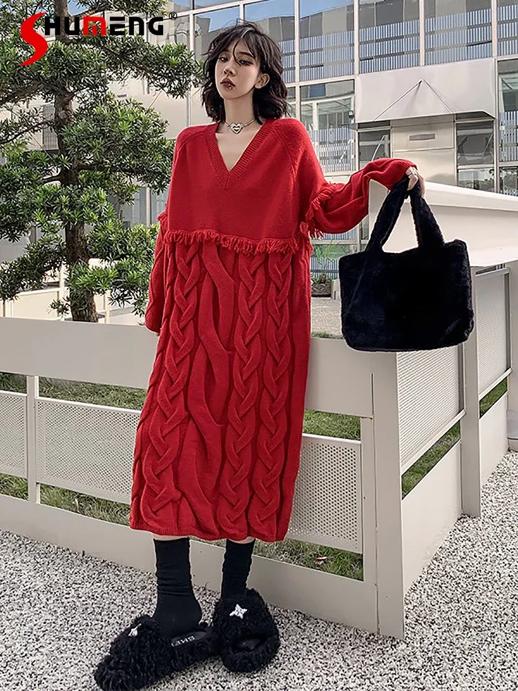 

2023 Autumn Winter New Fashion V-neck Dresses Sweater Batwing Sleeve Knitted Loose Comfort Feminine Solid Color Pullover Dresses