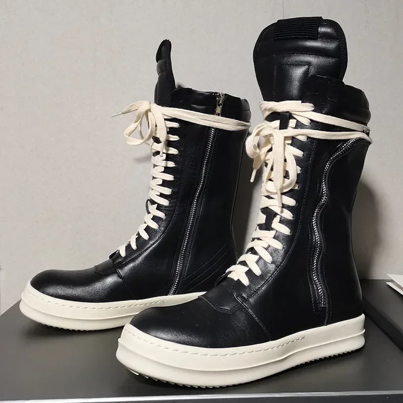 24ss New In High Street Owens Men\'s Boots Real Leather Women Rick Sneakers Solid Color Hot Sale High-Top Side Zipper RO Shoes