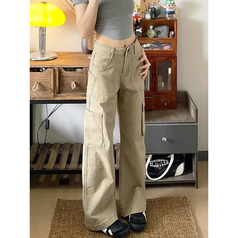 

Винтажные джинсы цвета хаки с высокой талией 2000-х годов, женские мешковатые джинсовые брюки с широкими штанинами Y2K, уличная одежда, женские брюки в американском стиле ретро