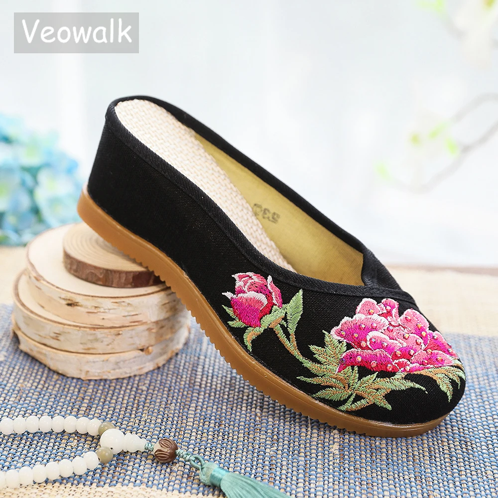 Veowalk Hidden Wedges Med Heels Women Linen Embroidered Slides Slippers Summer Ladies Casual Comfort Cotton Shoes Zapatos Mujer