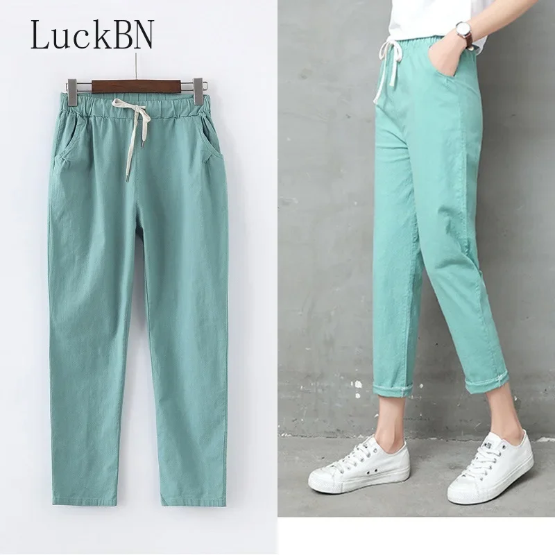 Autumn Cotton Linen Pants Women Candy Color Casual Loose Harem Pants for Women Ankle Length Trousers Female Elastic Waist Pant