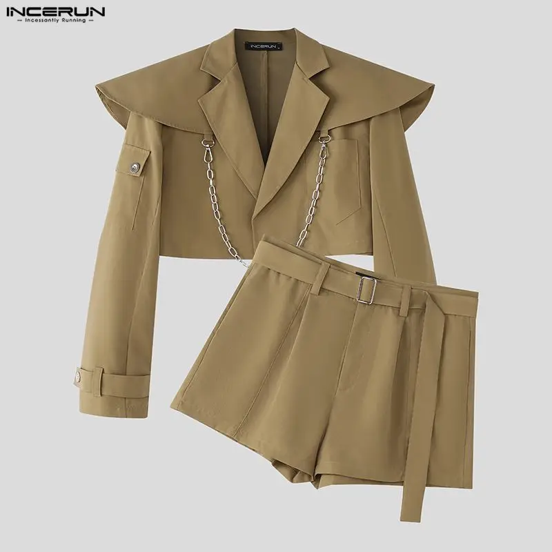 INCERUN Men Sets Solid Color Long Sleeve Crop Jackets & Shorts Two Pieces Sets Streetwear Loose 2025 Fashion Casual Men Suits