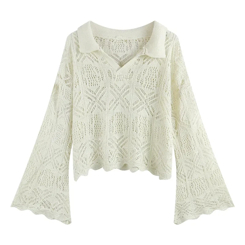 

Укороченные пуловеры 2025 г. Женская одежда, свободный джемпер с расклешенными рукавами, тонкий вязаный свитер с вырезами, шикарный