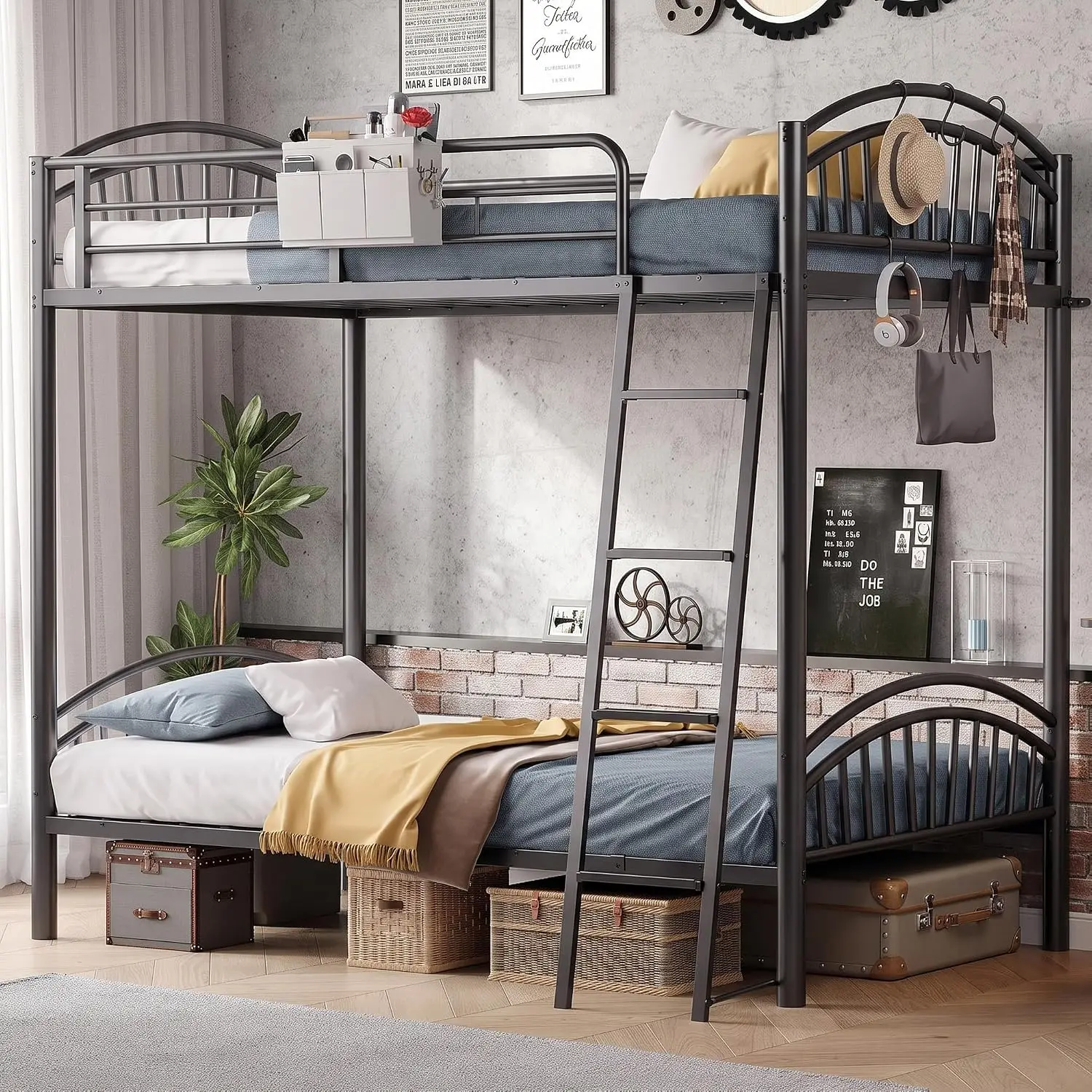 Metal Bunk Bed Twin Over Twin with Ladder & Storage Caddy, Space Saving Loft Bed for Adult & Teen, Customized