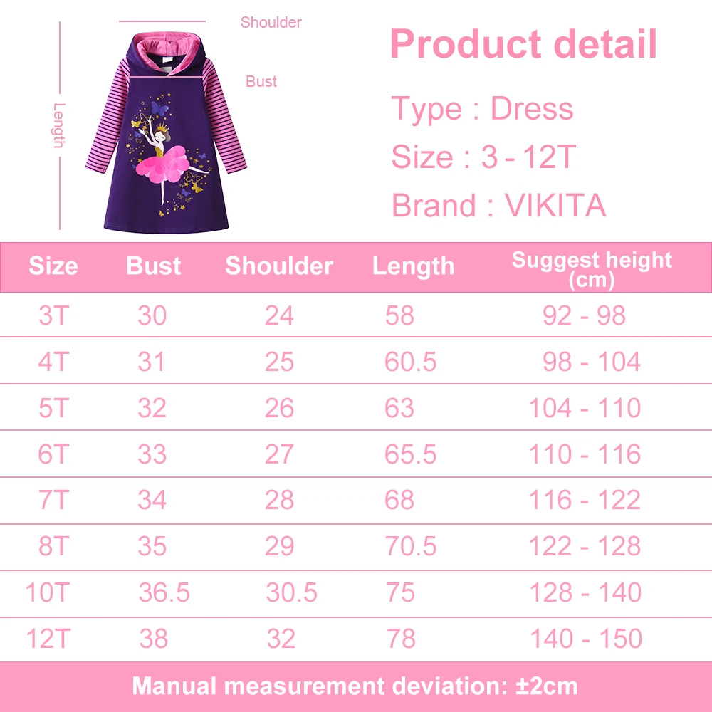 VIKITA Girls Jesień Wiosna Gruba sukienka dla dzieci Butterfly Star Fairy Cartoon Print Bawełniane bluzy z kapturem Casual Straight Hoodies Dresses — zdjęcie 7