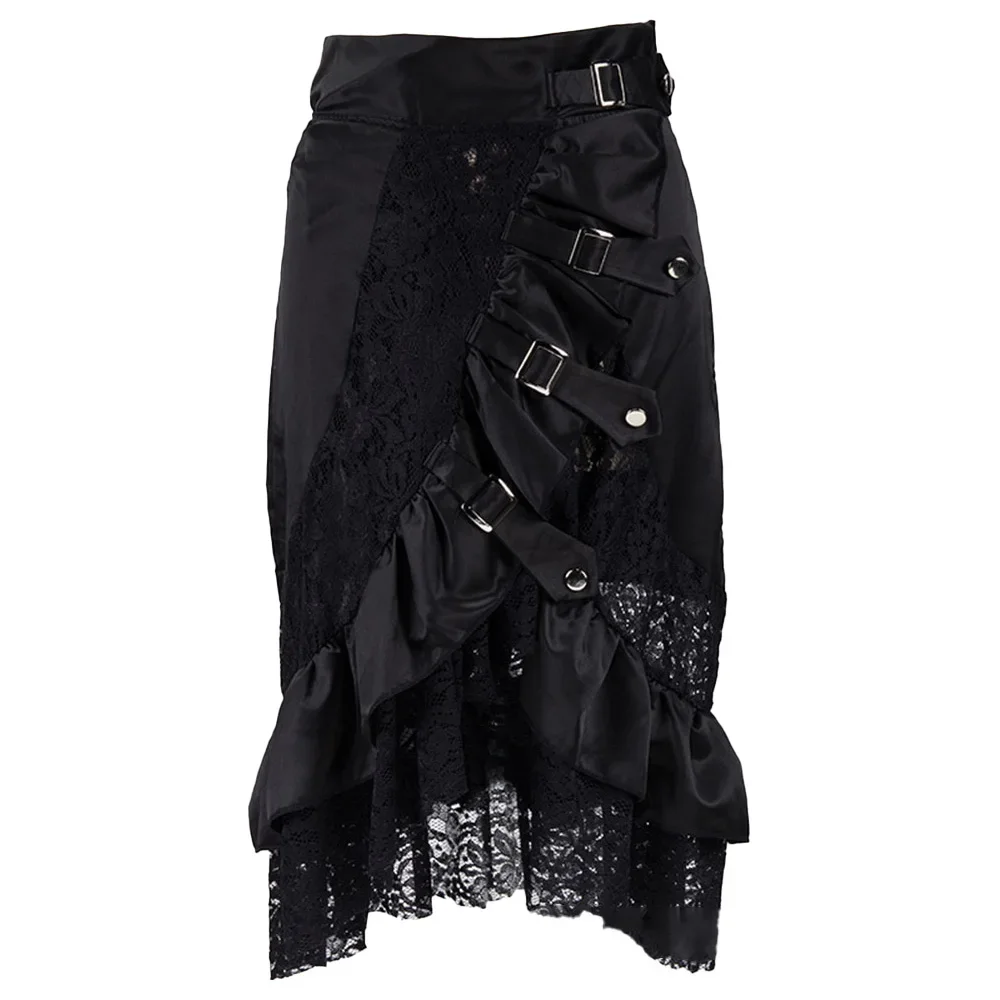 

Women Steampunk Mid Length Skirt Vintage Black Satin Lace Floral Ruffles Skirt Sexy Gothic Skirt Victorian Costume Plus Size