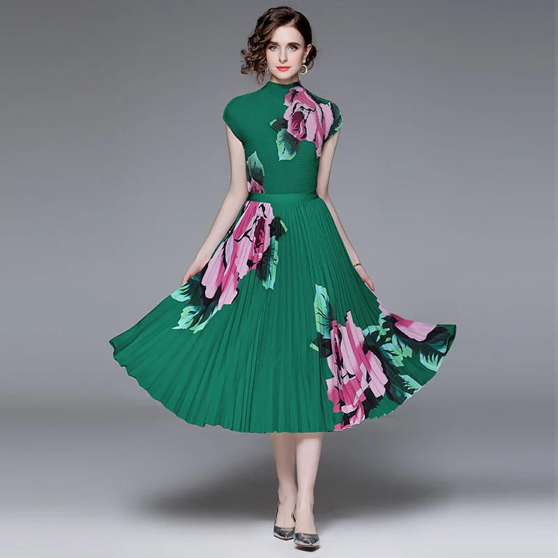 2024 New Summer Flower Two Piece Set Elegant Women Green Flower Print Short Sleeve Tops + High Waist Midi Pleated Skirt Suits