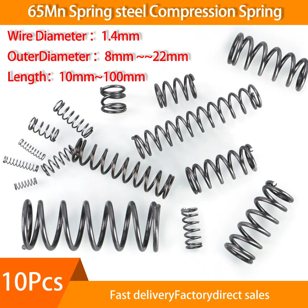 

10Pcs Diameter 1.4mm 65Mn Compression Spring Cylidrical Coil Return Springs diameter 8mm-22mm Release Pressure Spring L10-100m