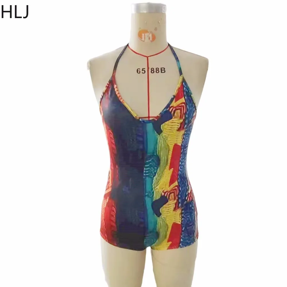 HLJ-Bodycon estampa de cobra multicolor feminino, macacão fino sem costas V profundo, cabide sem mangas, macacão de boate, moda sexy