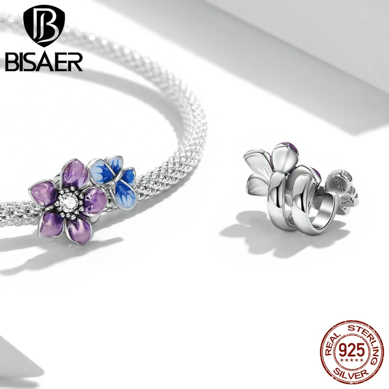 BISAER 925 Sterling Silve Charm Butterfly Flower Garden Zircon Plated Platinum Fit Charms Bracelet Bangle Fine Jewelry Making