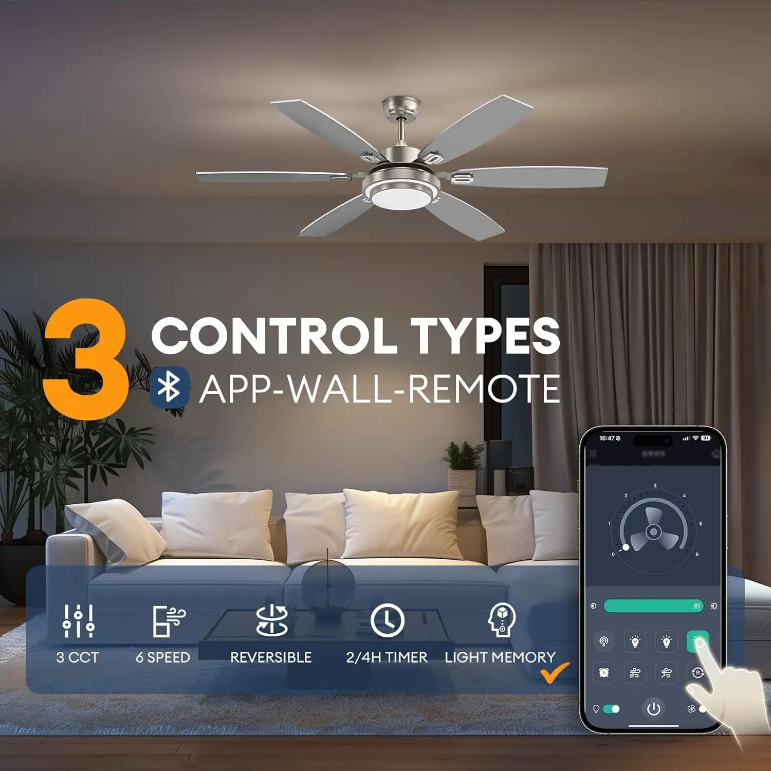 พัดลมเพดาน 60 นิ้วพร้อมไฟและการควบคุมแอพ, พัดลมเพดานนิกเกิลขนาดใหญ่พร้อมมอเตอร์ DC, พัดลมเพดาน LED โมเดิร์นสําหรับห้องนั่งเล่น