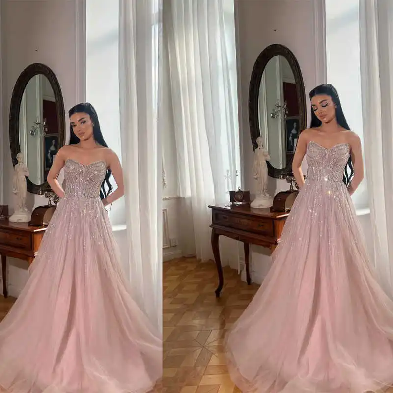 Pink Customzied Graceful Prom Dress A-Line With Sequins Strapless Sleeveless Bridal Gowns Floor-Length Plus Size Robe De Mariee