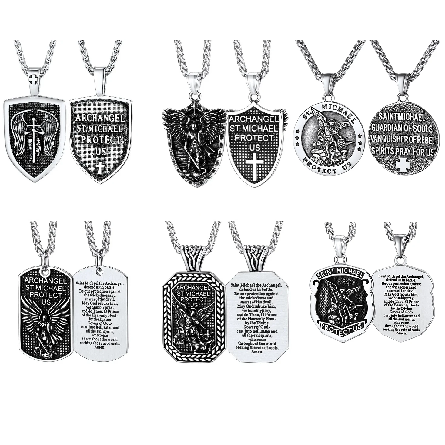 U7 Stainless Steel Archangel St. Michael Necklace Patron Saint of Police Sword Cross Shield Tag Rectangle Amulet Unisex Jewelry