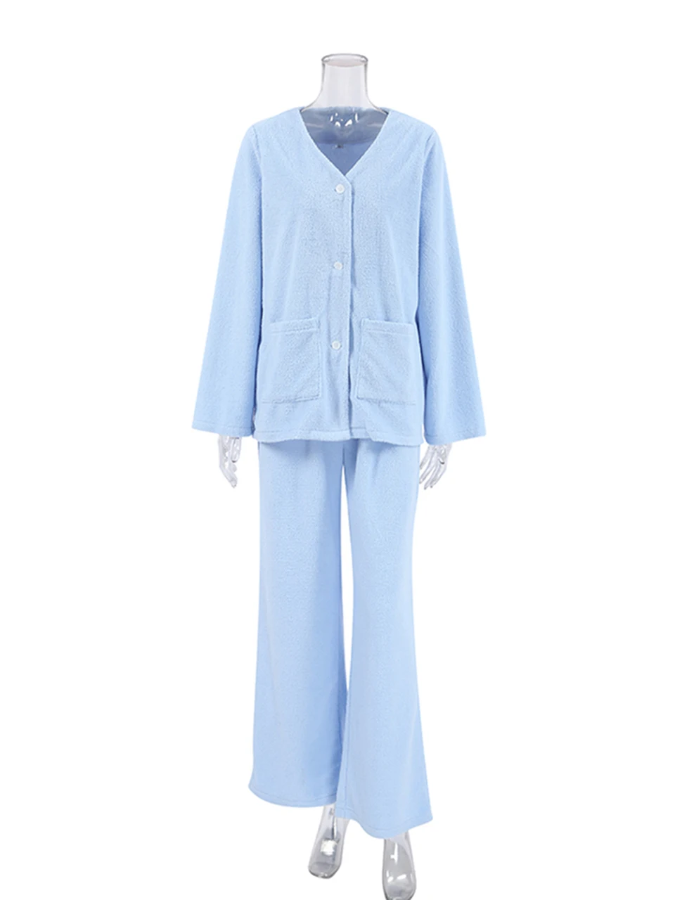 Linad Blue Pajamas For Women 2 Piece Sets Loose V Neck Long Sleeve Sleepwear Pockets Female Casual Trouser Suits Autumn 2023