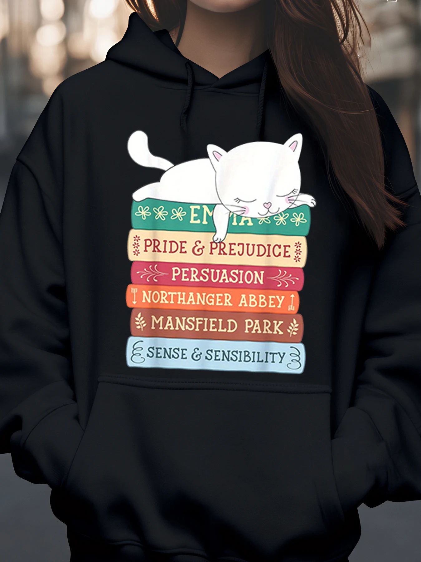 

Толстовка с принтом книг «Спящий кот» Джейн Остин, осенне-зимняя повседневная одежда для любителей книг и любителей литературы