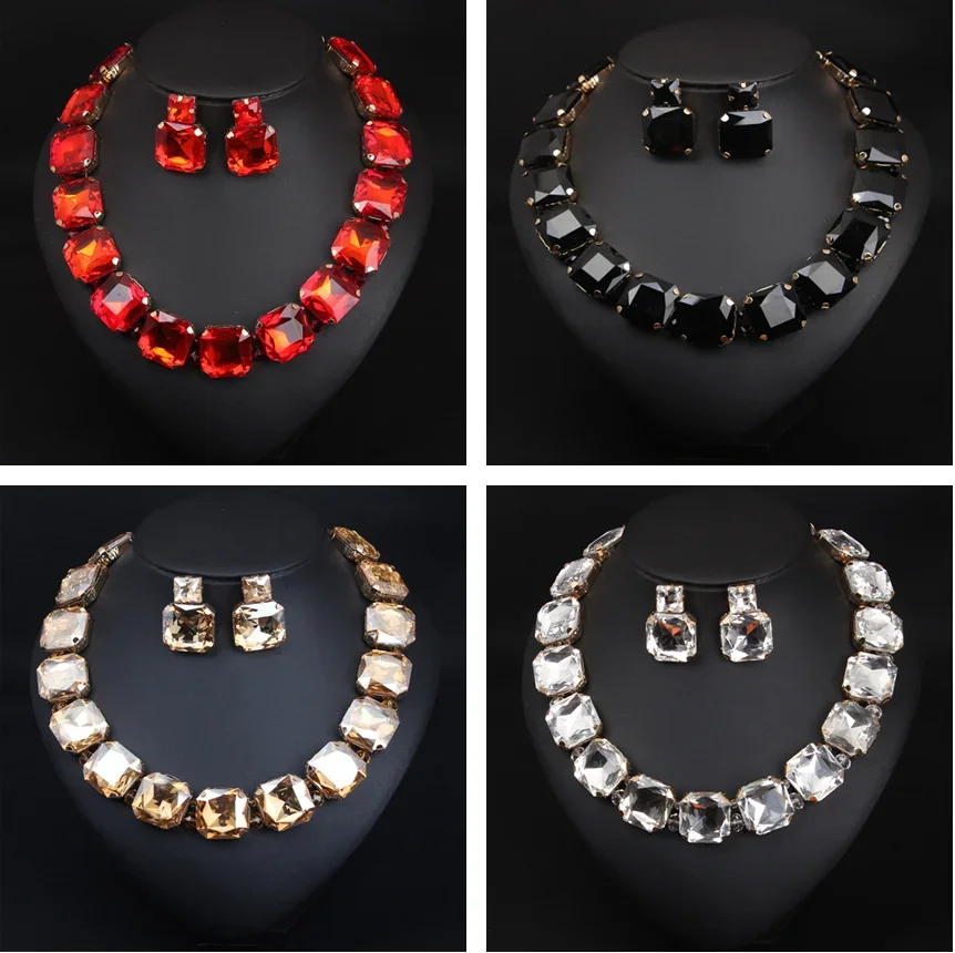 Bohemian Geometric Red Crystal Bridal Wedding Jewelry Sets For Women Statement Rhinestone Gold Color Clavicle Luxury Jewelry