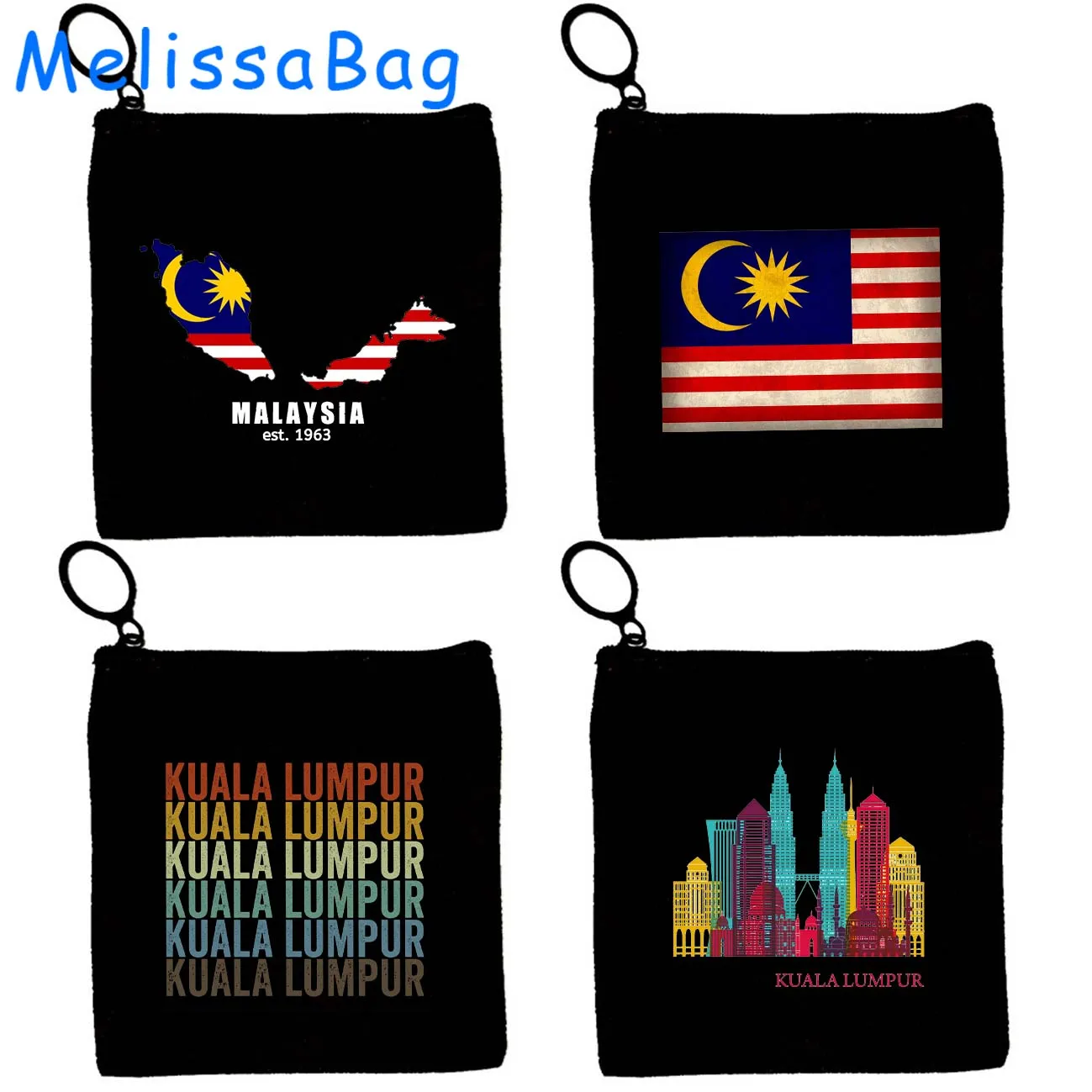 Malaysia Flag Map Kuala Lumpur Coordinate Skyline Watercolor Landscape Canvas Coin Purse Key Case Card Storage Bags Wallet Pouch