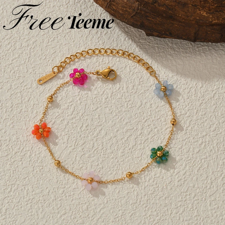 Freeteeme Fashion Colorful Flower Bracelet for Women Girls Stainless Steel Jewelry Gold Color Beads Chain Valentine's Day Gift