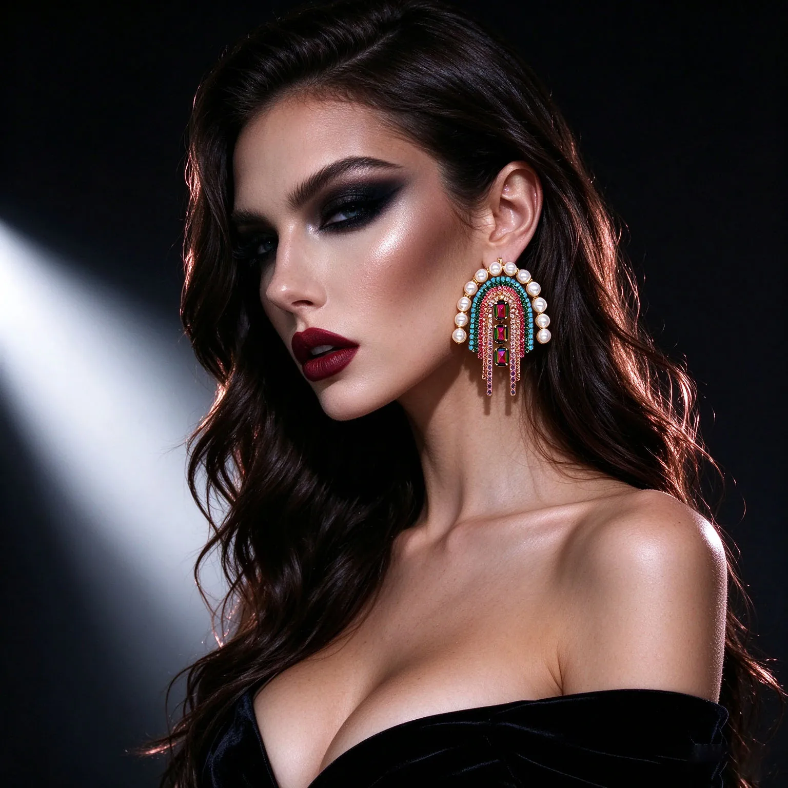 1pc Women Arch Faux Pearl Multicolor Rhinestone Tassel Earrings Oversized Crystal Statement Drop Earrings for Pageant Party Even