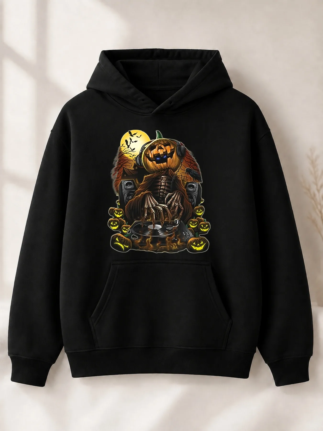 Halloween Gothic Style, Men'S Hoodie, Skeleton DJ with Pumpkin Head And Turntable, Autumn Festival Party, Gift for Music Lovers And Horror Fans