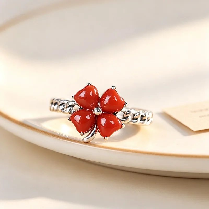 Four Leaf Clover Red Oil Dripping Petals 925 Sterling Silver Fine Resizable Opening Ring For Women Fine Luxury Jewelry RI1401