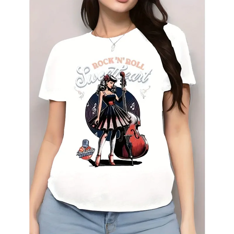 T-shirt Rock Sweetheart da donna T-shirt retrò anni '50 con motivo bellezza e rock stampato T-shirt morbida e casual per appassionati di musica di San Valentino