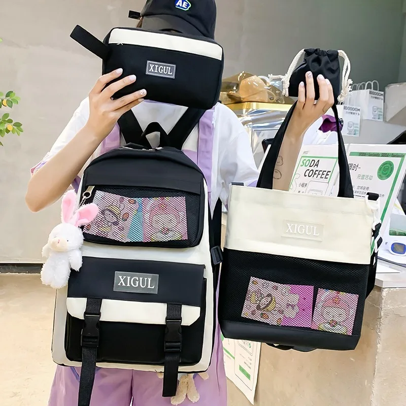 Canvas Student Schoolbag Four Sets Cartoon Handbag Pencil Case Large Capacity Leisure Travel  Shoulder Bag Girls Kawaii Backpack