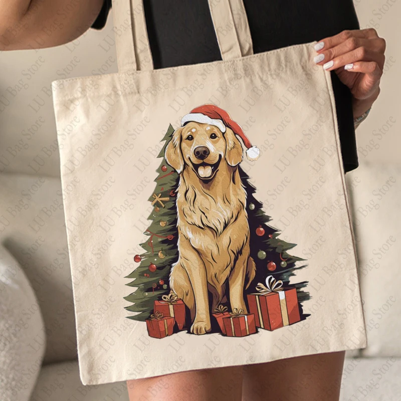 Bolso de mano con patrón navideño de árbol de Navidad y divertido Papá Noel Golden Retriever, bolsos de hombro de lona para el día a día, el mejor regalo para Navidad