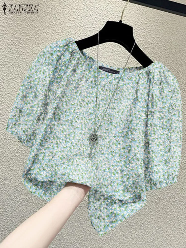 ZANZEA-Chemisiers à imprimé floral pour femmes, col bateau, manches bouffantes, chemise décontractée élégante, vacances, mode estivale, 2024