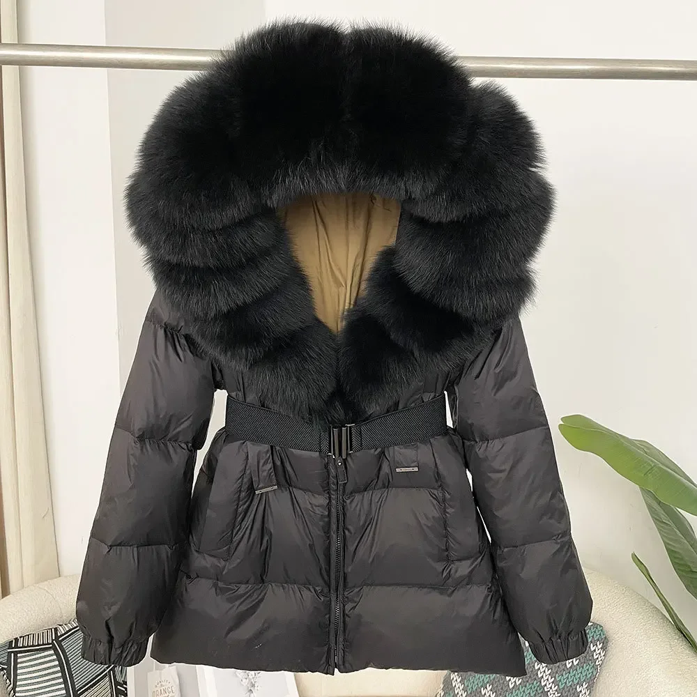 2025 chaqueta de invierno para mujer, cuello de piel de zorro Natural auténtica con capucha, abrigo grueso cálido 90% de plumón de pato blanco, ropa de calle informal para mujer