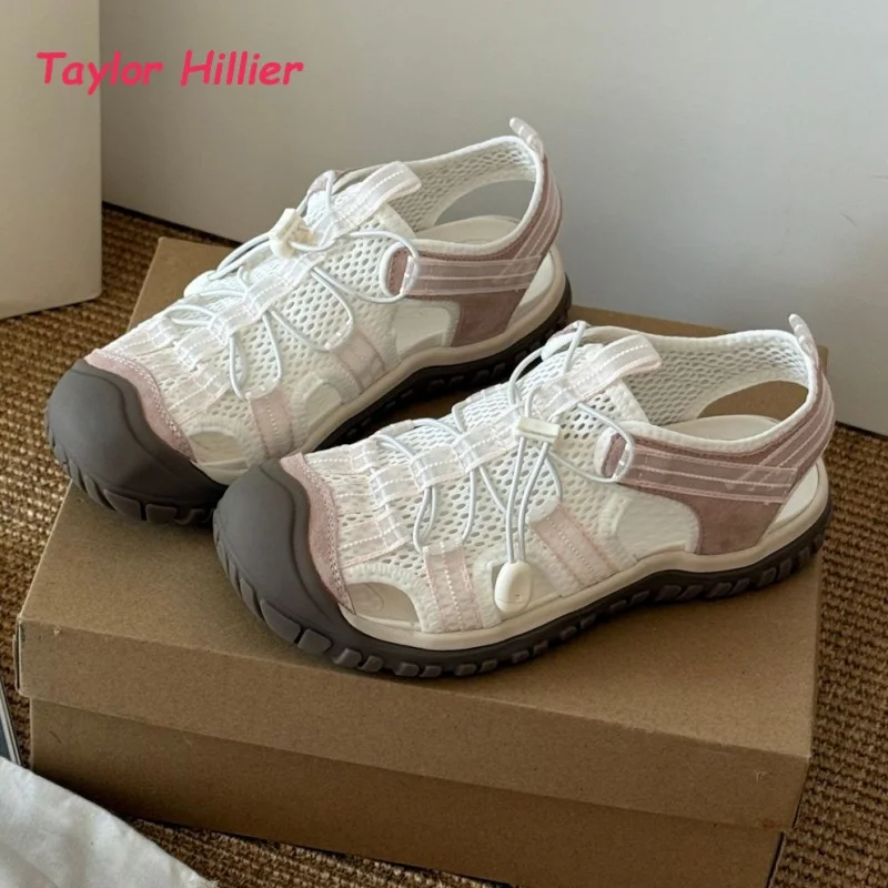 Mesh Round Toe Women's Hiking Sandals Quick-Lace Breathable Street Style Fashion Outdoor-Inspired Minimalist Summer Shoes