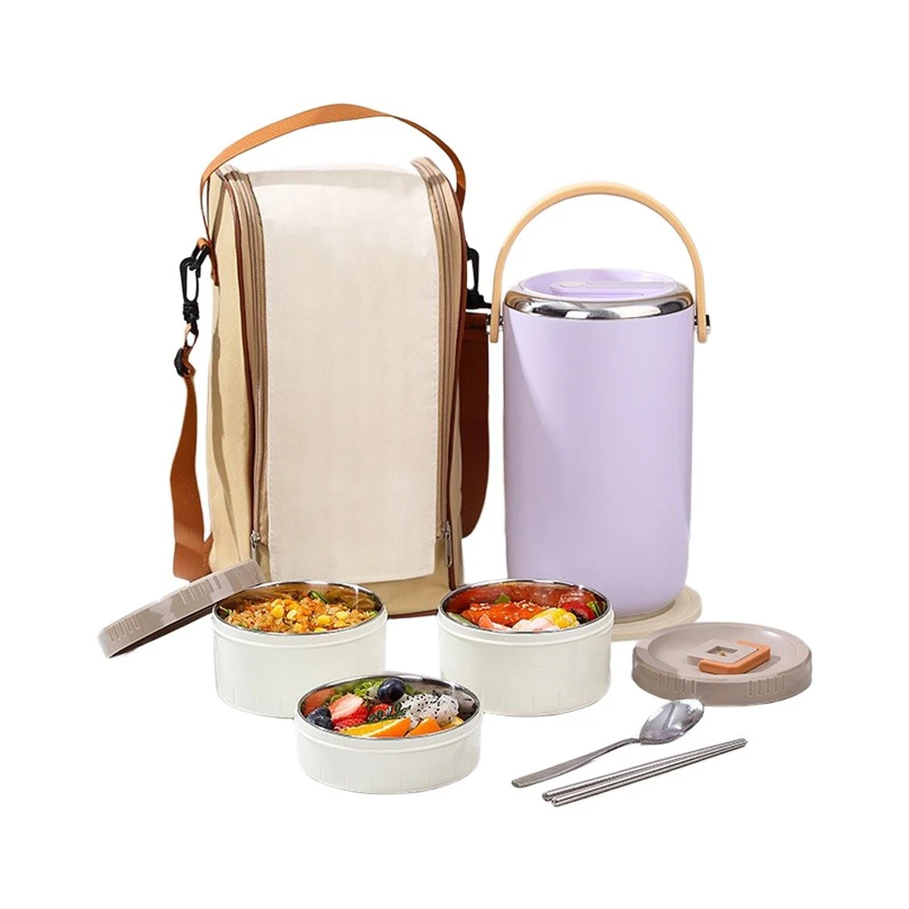 Vacuum Insulated Stainless Steel Lunch Box with Three Removable Compartments and Integrated Pressure Release Mechanism
