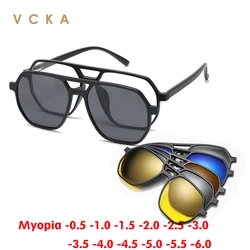 VCKA Large Frame Polarized Myopia Sunglasses 6 in 1 Prescription Magnetic Clip Men Women Glasses Optical Eyewear -0.5 to -6.0