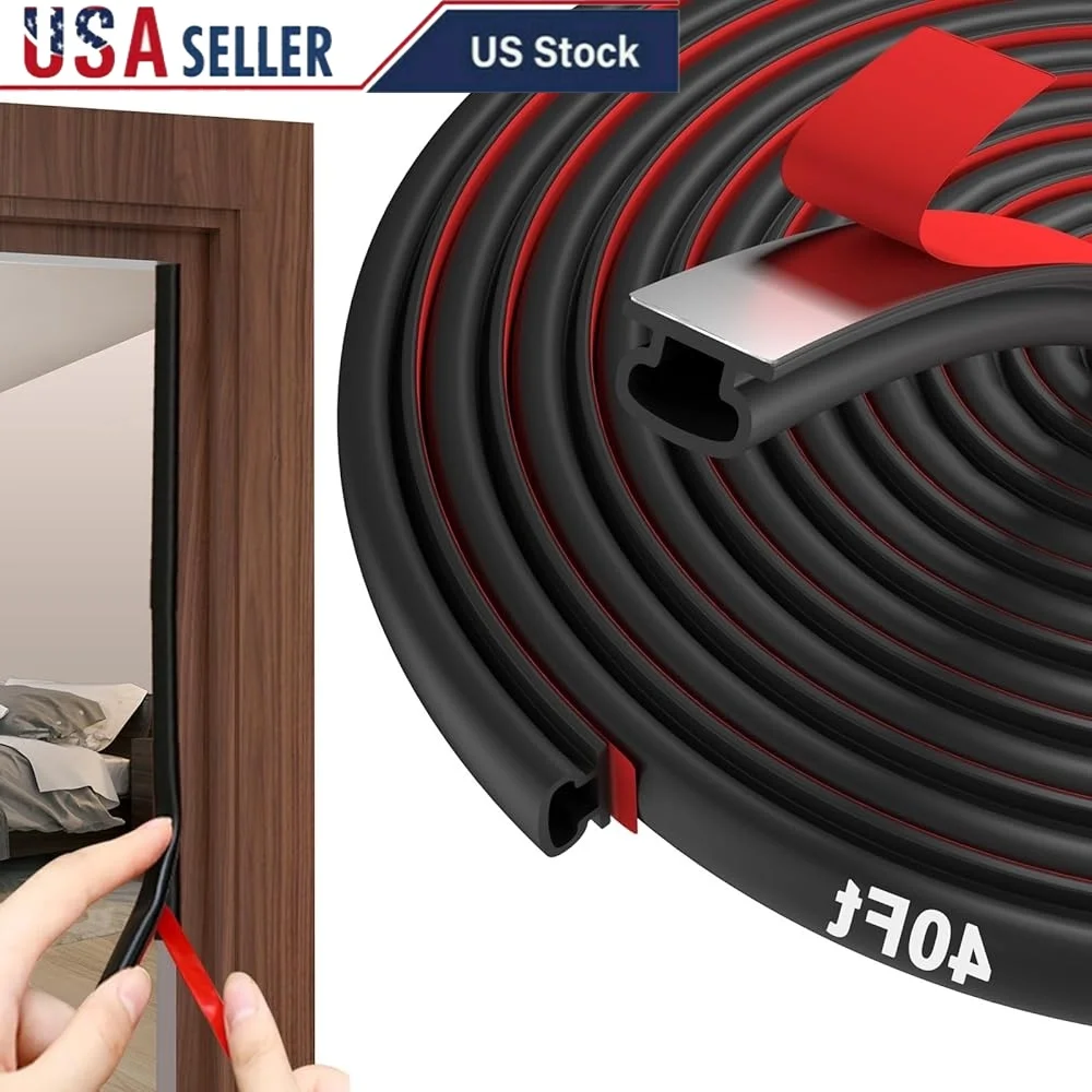 

40Ft Rubber Door Weather Stripping D Shape Self Adhesive Soundproofing Seal Strip Noise Reduction Easy Installation Home