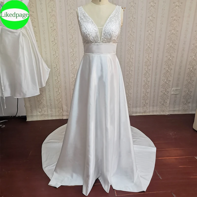 Gợi Cảm Áo Cưới Năm 2021 Một Dòng Satin Vestidos De Novia Áo Dài Cô Dâu Cổ V Ảo Ảnh Áo Dây Mariage Boda Hochzeit Đảng kleid