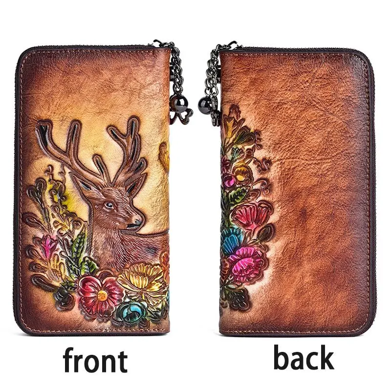 Vintage Women Long Zippe Wallets Deer Pattern Clutch Bag Genuine Leather Handmade Embossing Ladies Wallet Woman Purse