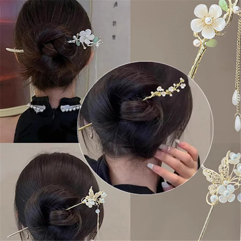1pc Elegant Chinese Hair Clips Tassels Traditional Hair Sticks Women's Retro Flowers Decorations Hair Styling Accessories