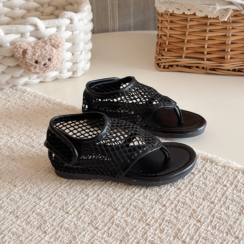 Spring Boys Girl's Flip Flop Sandals Mesh Hook-loop Breathable Chic Kid's Flat Shoe Solid Colors Anti-slip Casual Children Shoes