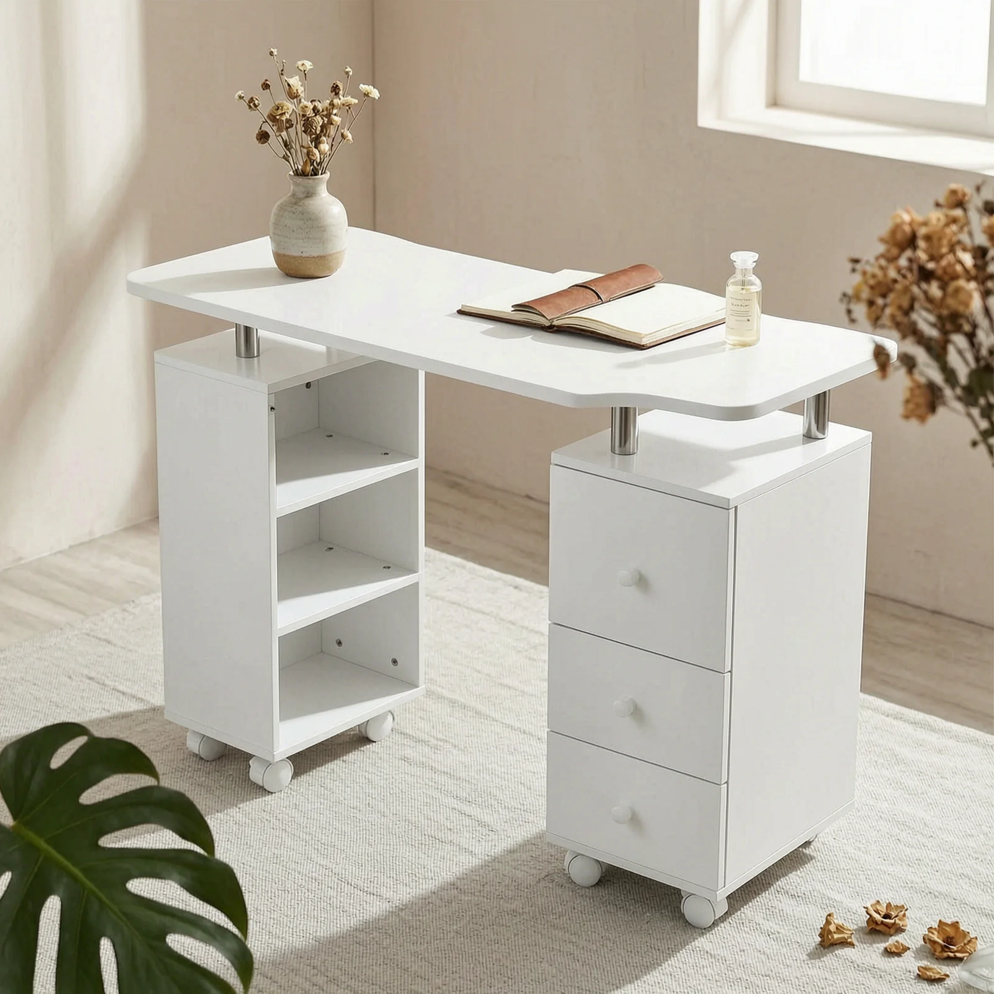 Manicure Table with Drawer and Cabinet Storage Space Nail Table with Dust Collector Nail Station Rectangular Tabletop