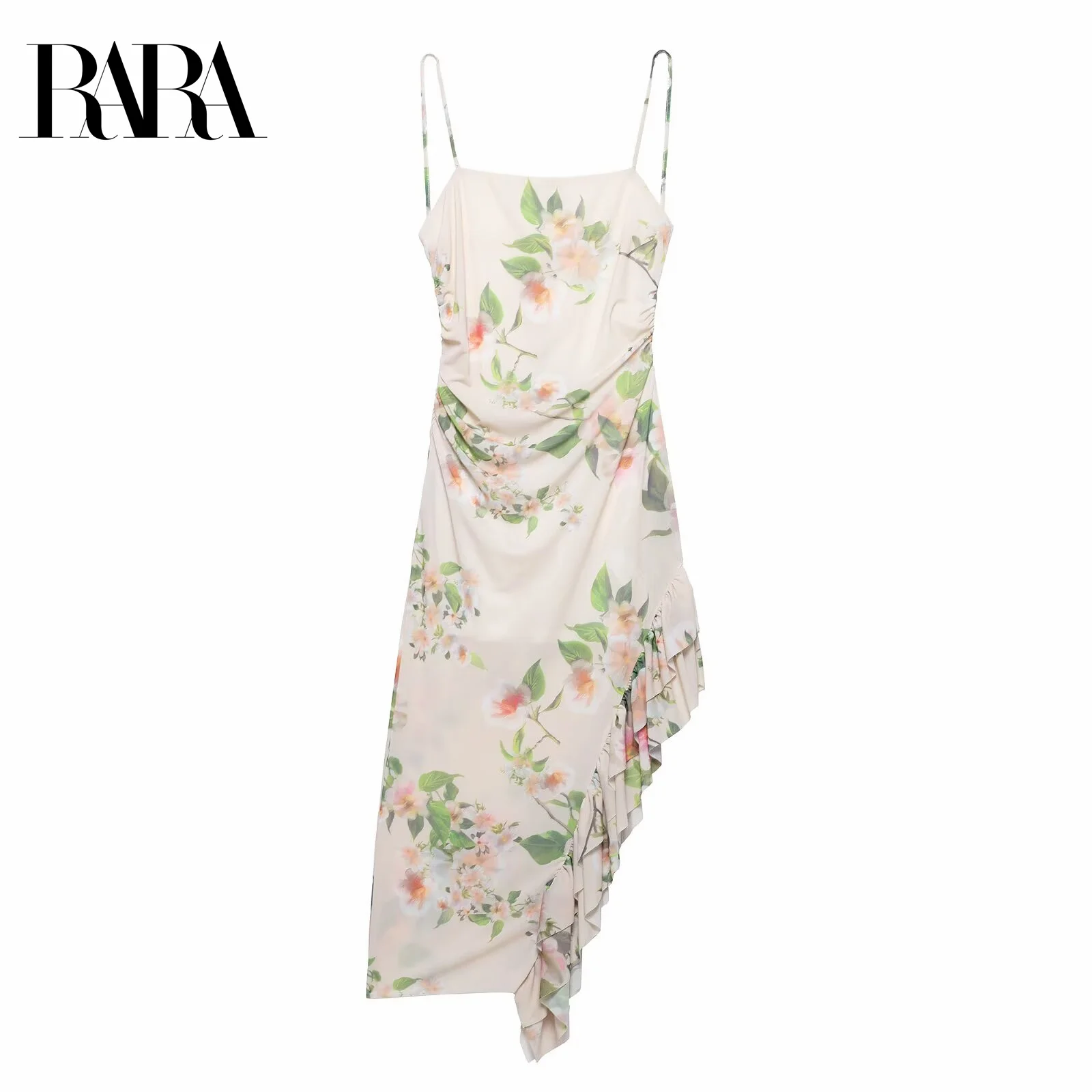 

RARA Womens Layered Decor Spaghetti Straps Dress Stylish Ruched Design Asymmetric Hem Flowing Fabric Ladies Fashion Garment