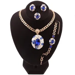 Fashion Blue Crystal Pendant Necklace Set Enamel Jewelry Sets Gold Color Chain Necklace Earrings Sets For Women Girls Gift