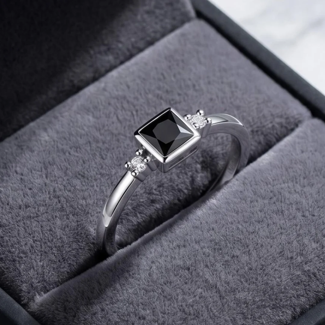 S925 Sterling Silver Adjustable Open Ring Square Black Zircon Side Inlaid Tiny CZ Fashion Ring Unisex Daily Jewelry Gift