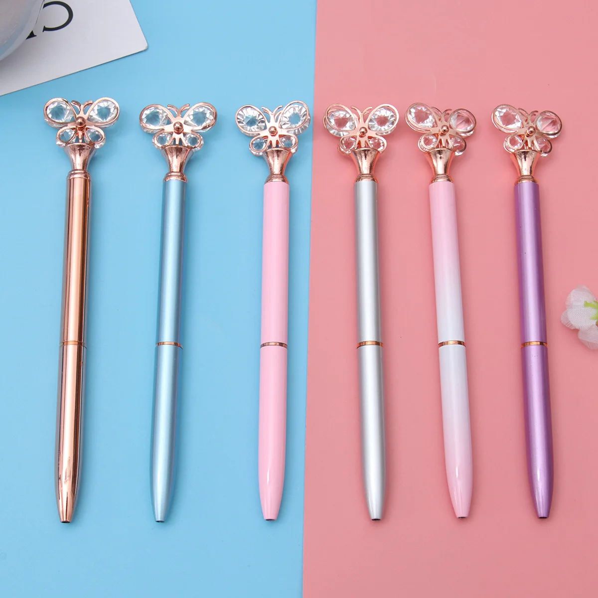 

6 Pcs Ballpoint Pens Butterlfly Decorative Crystal Assorted Color Dimond Art Sign