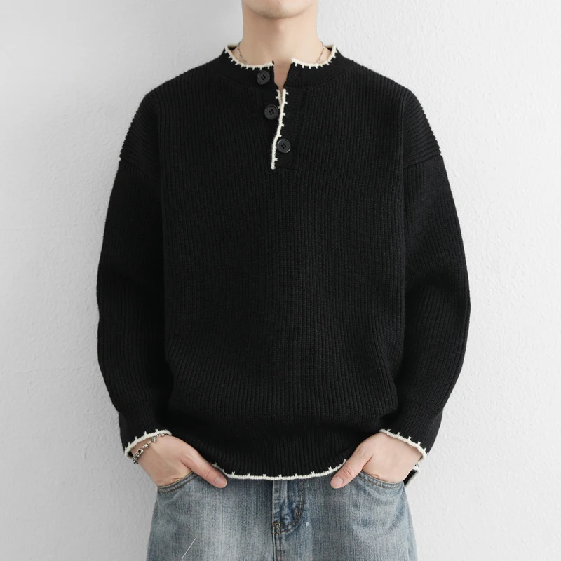 

Мужской свитер с воротником «Генри» в стиле ретро, повседневный свободный крой, осенне-зимний, очень комфортный, базовый слой, удобный, нейлоновый.