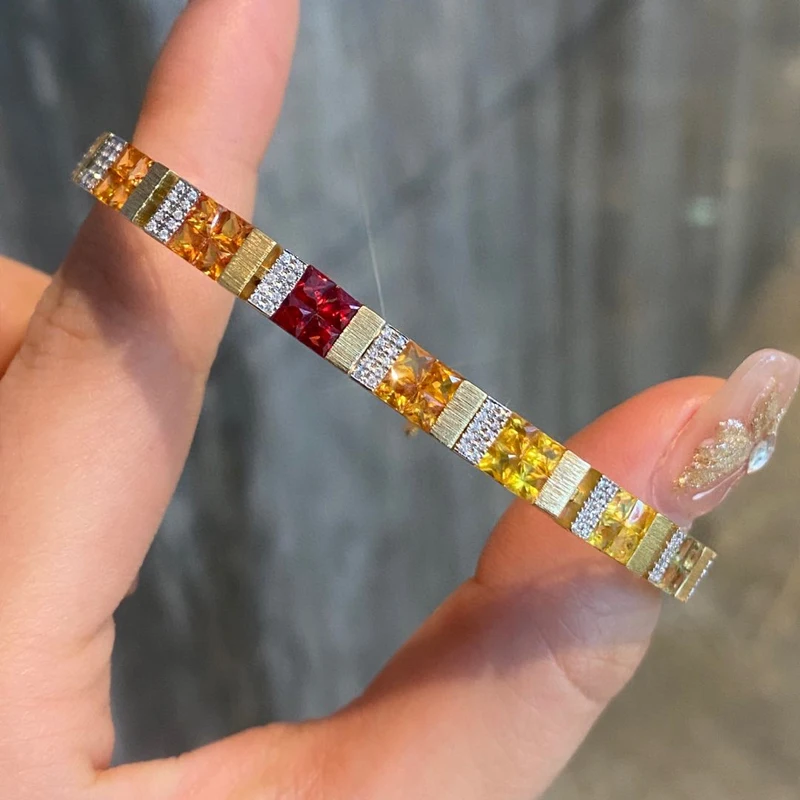 Aazuo 18K Solid Yellow Gold Natrual Clour Sapphires Real Diamonds Rainbow Bracelet For Woman Upscale Trendy Engagement Party