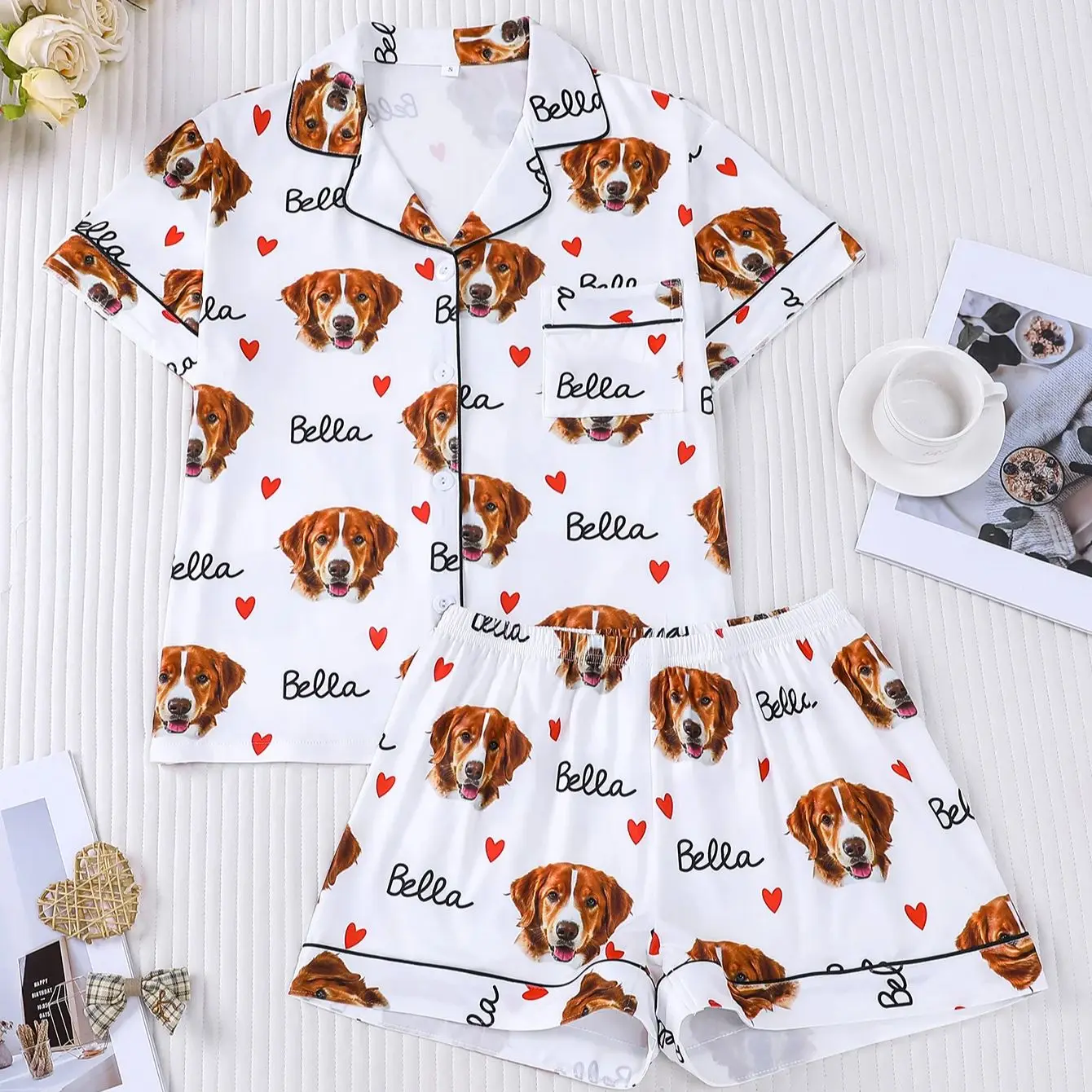 

White background Golden Retriever Dog Love Women's Pajama Set Short Sleeve Cardigan Shorts Essential for Pet Enthusiasts